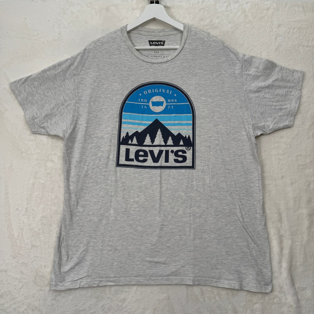 Levi's T-Shirt Mens 2XL Gray Graphic Logo Mountain Forest Short Sleeve Tee